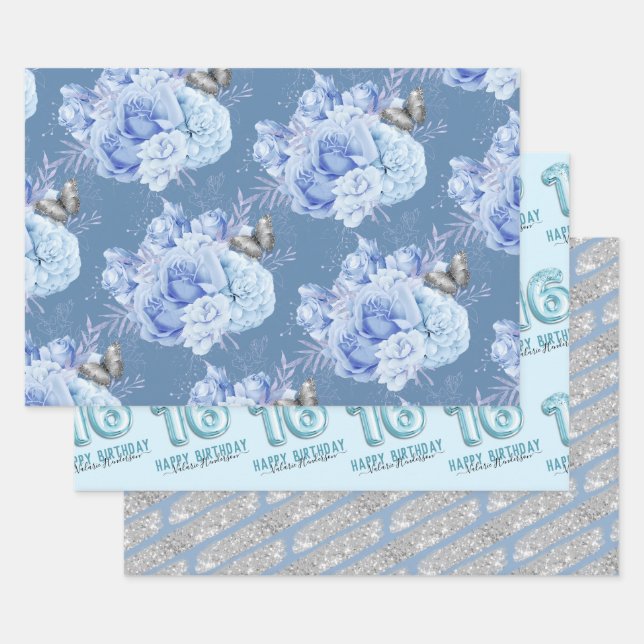 Sweet 16th Birthday Blue Flower  Wrapping Paper Sheets (Set)