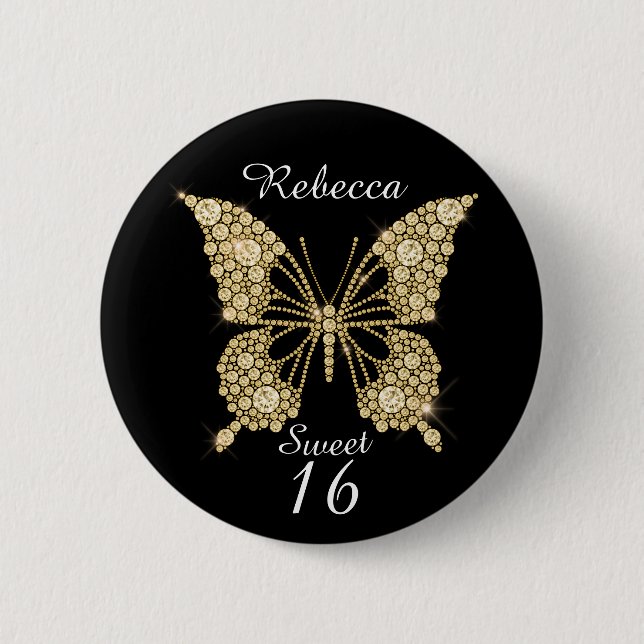 Sweet 16th Birthday Butterfly Personalized Pinback Button (Front)