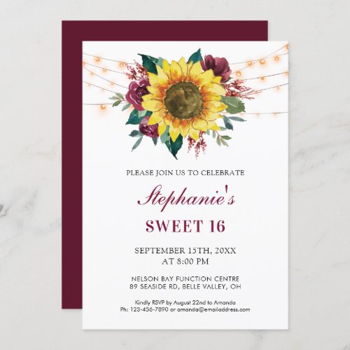 Sweet 16th Birthday Floral Sunflower Lights Party Invitation