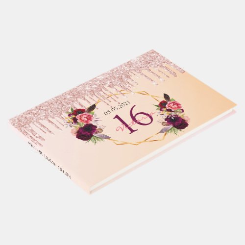 Sweet 16th birthday florals geometric glitter rose guest book