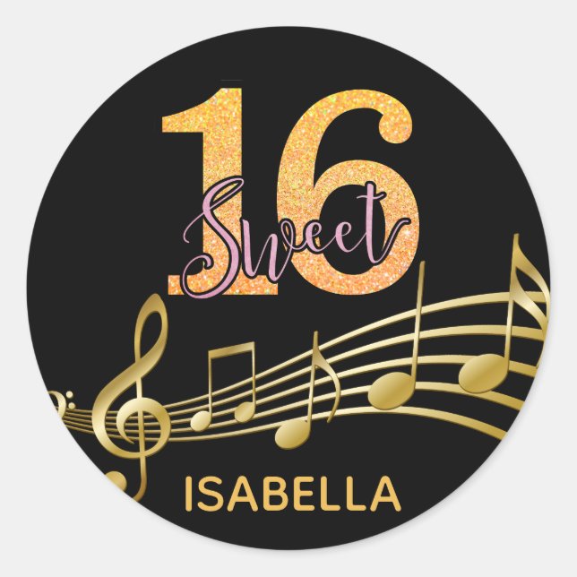Sweet 16th birthday gold music notes on black classic round sticker (Front)