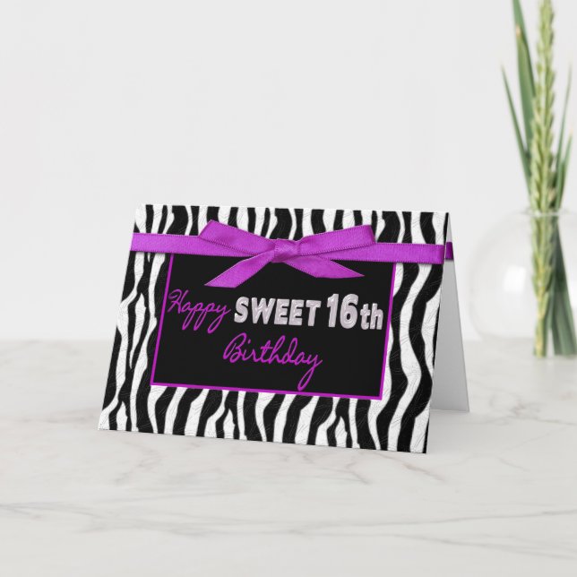 SWEET 16TH BIRTHDAY GREETING - ZEBRA - FUSCHIA BOW CARD (Front)