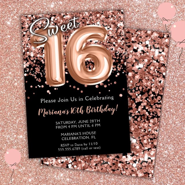 Sweet 16th Birthday Invitation Black Rose Gold (Creator Uploaded)