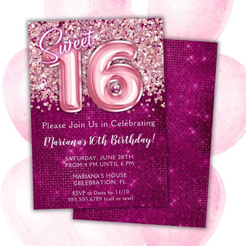 Sweet 16th Birthday Invitation Magenta Pink