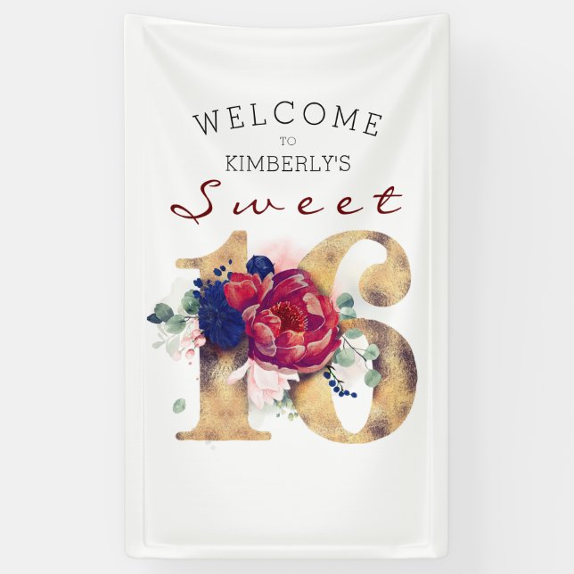 Sweet 16th Birthday Party Burgundy Red Navy Banner (Vertical)