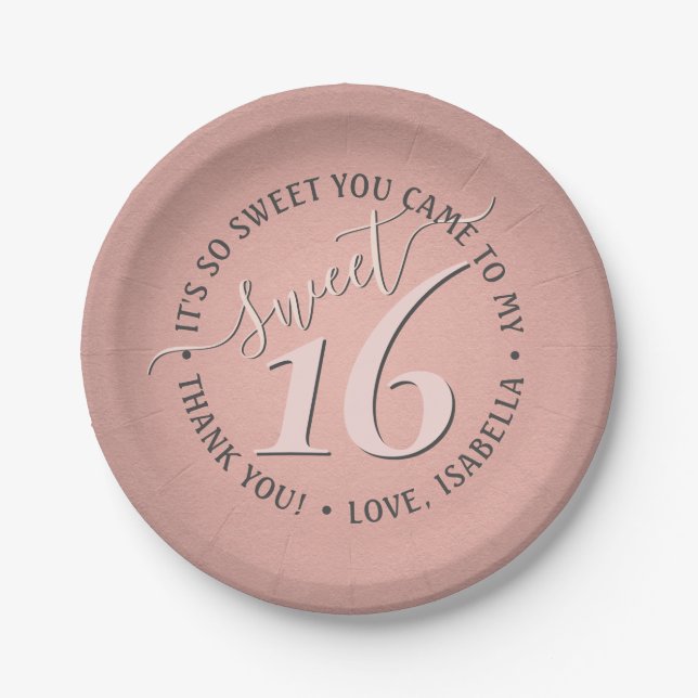 Sweet 16th Birthday Party Elegant Girly Rose Gold Paper Plates (Front)
