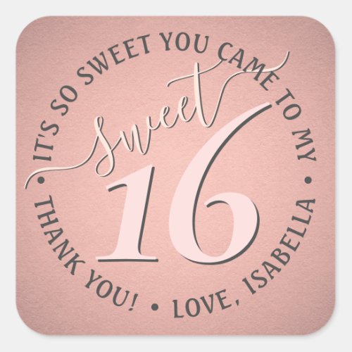 Sweet 16th Birthday Party Elegant Pink Thank You Square Sticker