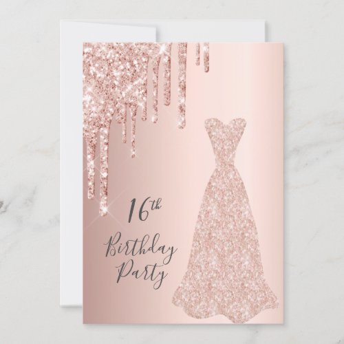 Sweet 16th birthday party rose gold glitter drips invitation