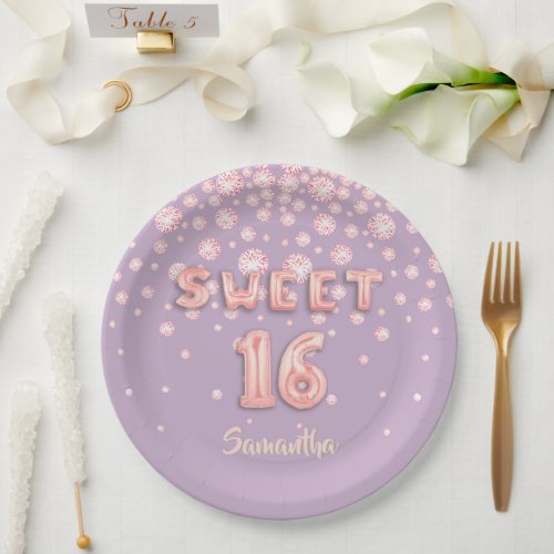 Sweet 16th birthday party rose gold violet paper plates