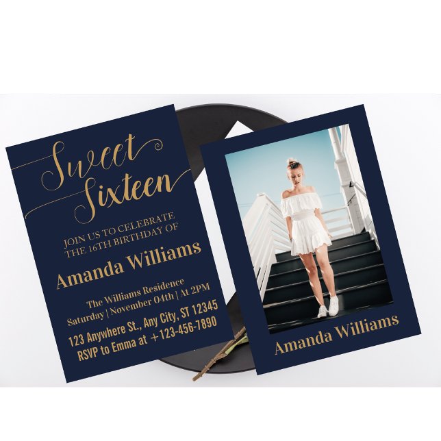  Sweet 16th Birthday Photo Blue And  Gold Luxury  Invitation (Creator Uploaded)