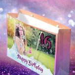 Sweet 16th birthday photo purple large gift bag<br><div class="desc">A giftbag for a sixteen old girl,  with the text "Sweet 16"  and the text Happy Birthday in purple. "Sweet 16" in faux glitter. An ultra violet,  pink and peach colored pastel backdrop. Template for your photo of the birthday girl.</div>