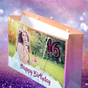 Sweet 16th birthday photo purple large gift bag