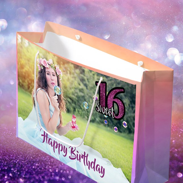 Sweet 16th birthday photo purple large gift bag (Creator Uploaded)