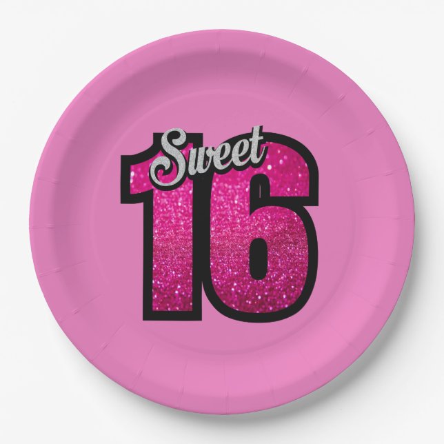 Sweet 16th Birthday Pink Gold Glitter Paper Plates (Front)