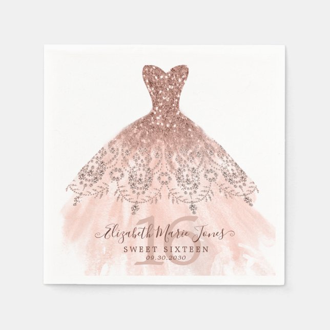 Sweet 16th Birthday Pink Rose Gold Glitter Dress Napkins (Front)