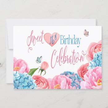 Sweet 16th Birthday  Pink Roses  Hydrangias Invitation by TrudyWilkerson at Zazzle