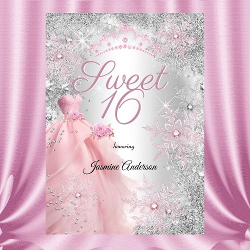 Sweet 16th Birthday Pink Silver Winter Wonderland Invitation