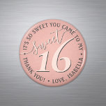 Sweet 16th Birthday Pink Thank You Party Favor Magnet<br><div class="desc">Add a personalized and pretty finishing touch to sweet 16 party decorations with custom thank you round refrigerator magnets. Design features a girly blush pink and dark grey modern font on a trendy rose gold faux foil background. Text in a circle is simple to customize. These elegant favors make a...</div>