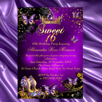 Sweet 16th Birthday Purple Gold Black Butterfly Invitation by Zizzago at Zazzle