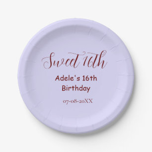 Sweet 16th birthday purple pastel mauve retro name paper plates