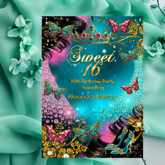 Sweet 16th birthday Teal Pink Gold Butterfly Invitation