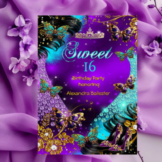 Sweet 16th birthday Teal Purple Gold Butterfly Invitation