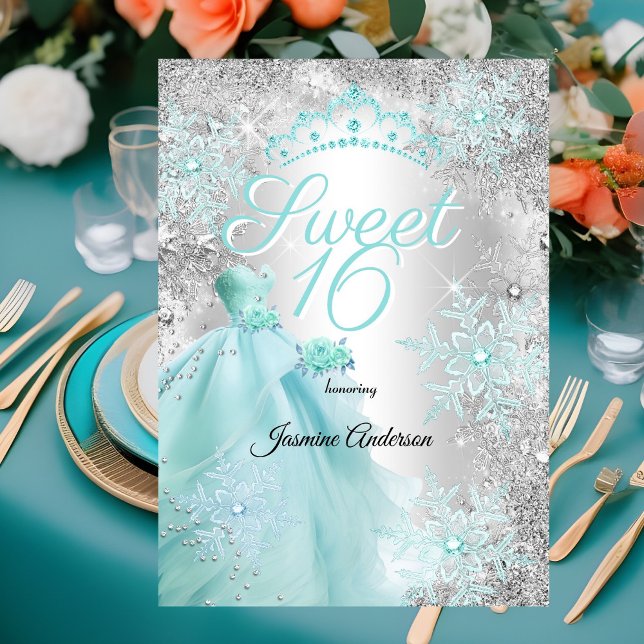 Sweet 16th Birthday teal Silver Winter wonderland Invitation (Creator Uploaded)
