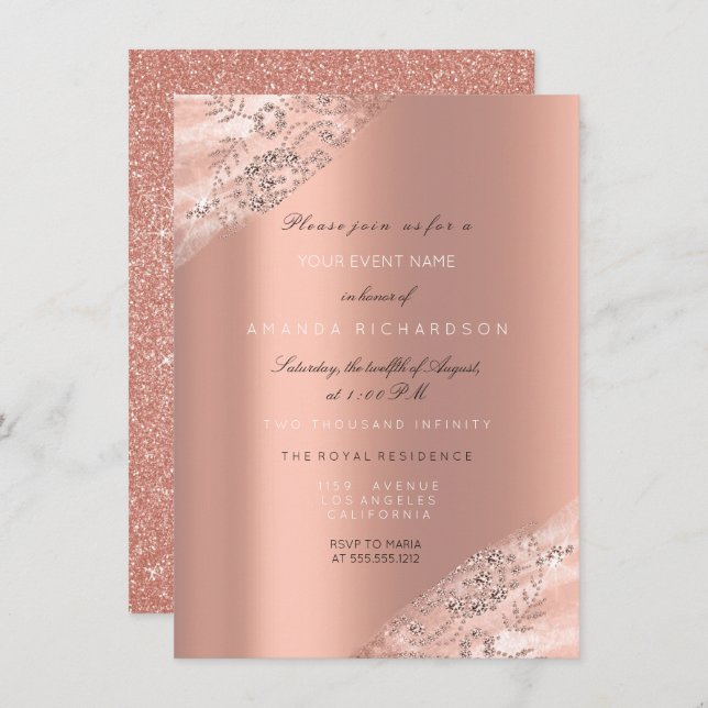 Sweet 16th Bridal Dress Rose Peach Glitter Sparkly Invitation (Front/Back)
