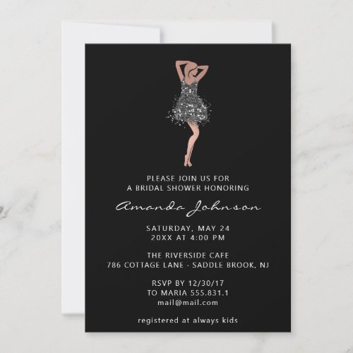 Sweet 16th Bridal Shower Black Glitter Dress Glam Invitation