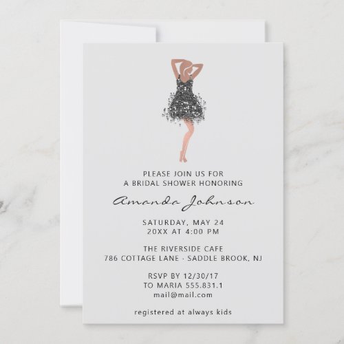 Sweet 16th Bridal Shower Black Glitter Dress Gray Invitation