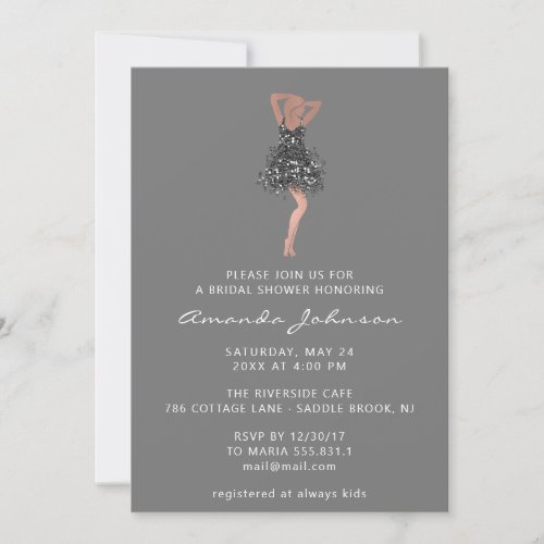 Sweet 16th Bridal Shower Black Glitter Dress Grey  Invitation