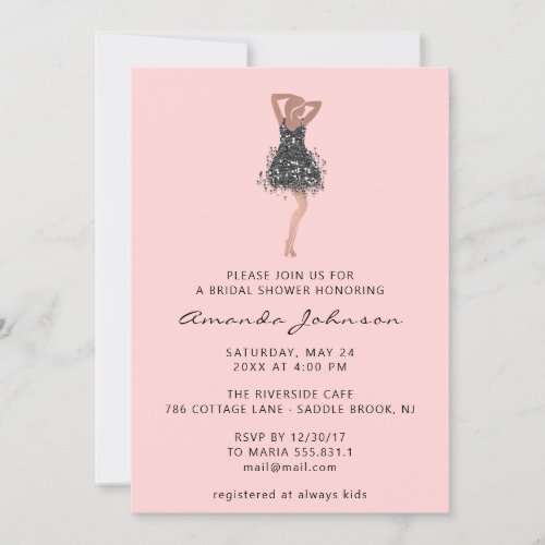Sweet 16th Bridal Shower Black Glitter Dress Pink Invitation