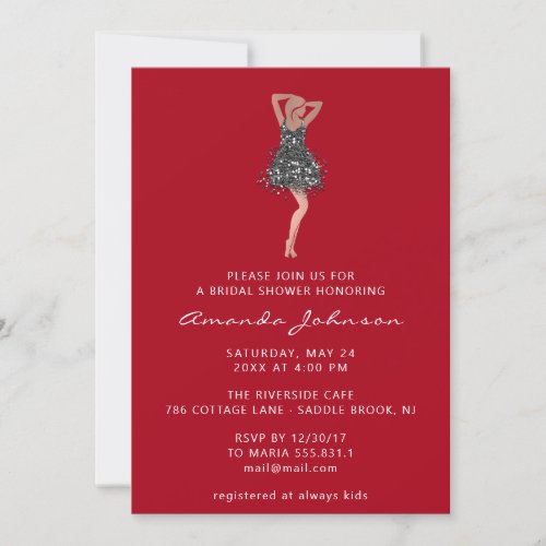 Sweet 16th Bridal Shower Black Glitter Dress Red Invitation