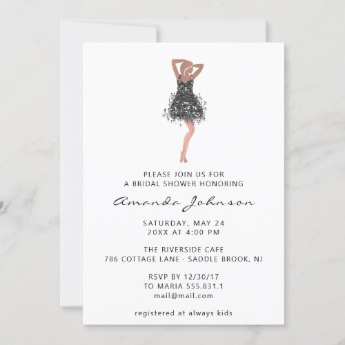 Sweet 16th Bridal Shower Black Glitter Dress White Invitation