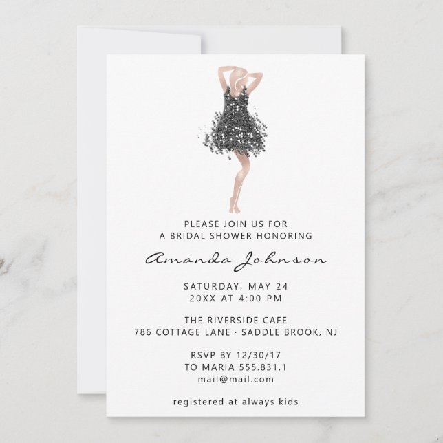 Sweet 16th Bridal Shower Black Gray Dress White Invitation (Front)