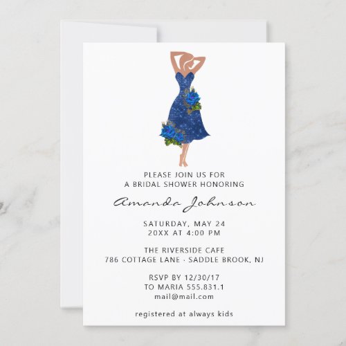 Sweet 16th Bridal Shower Blue Dress White Invitation