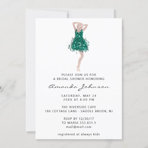 Sweet 16th Bridal Shower Green Dress White Invitation