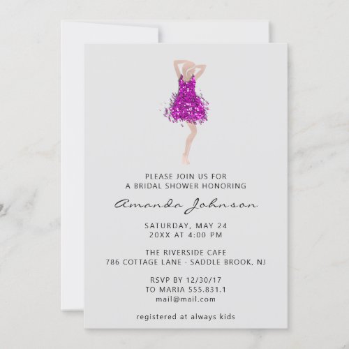 Sweet 16th Bridal Shower Pink Glitter Dress Gray  Invitation