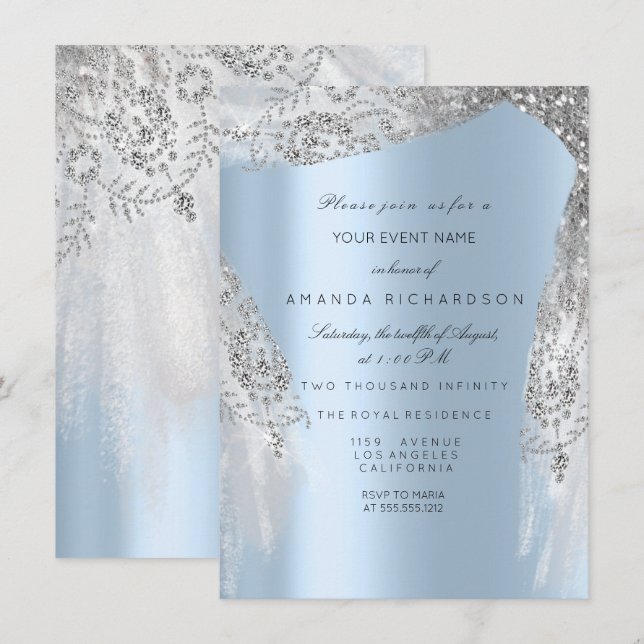 Sweet 16th Bridal Shower Silver Gray Blue Dress Invitation (Front/Back)