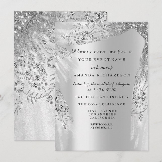Sweet 16th Bridal Shower Silver Royal Gray Diamond Invitation (Front/Back)