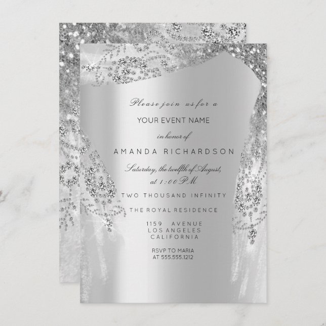 Sweet 16th Bridal Shower Silver Royal Gray Dress Invitation (Front/Back)
