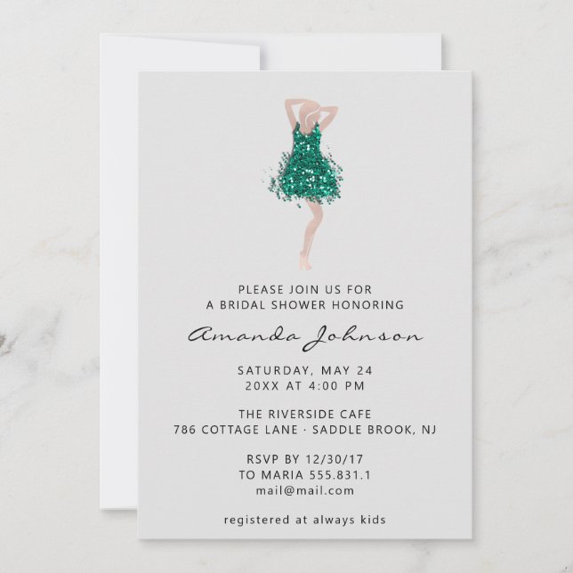Sweet 16th Bridal Shower Teal Glitter Dress Gray Invitation (Front)