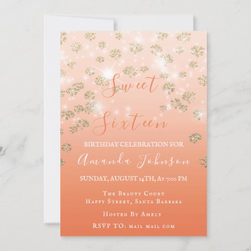 Sweet 16th  Coral Flowers Gold Ombre Photo Sparkly Invitation