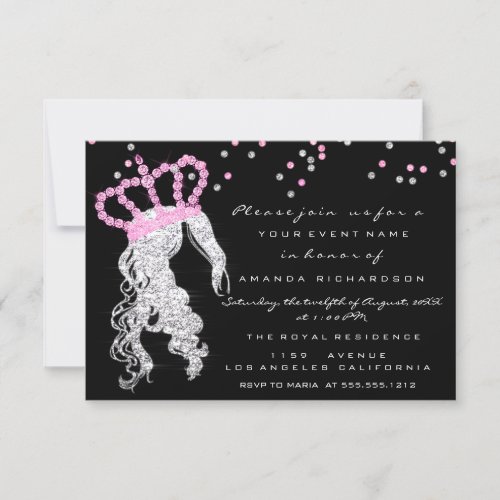 Sweet 16th Crown Princess Confetti Black Pink Gray Invitation