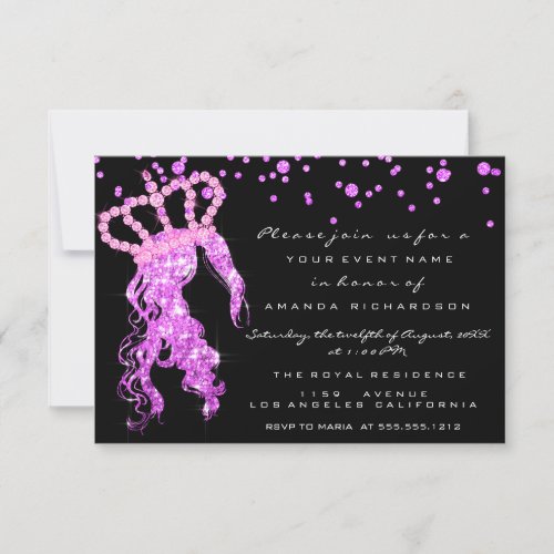 Sweet 16th Crown Princess Confetti Black Pink Invitation