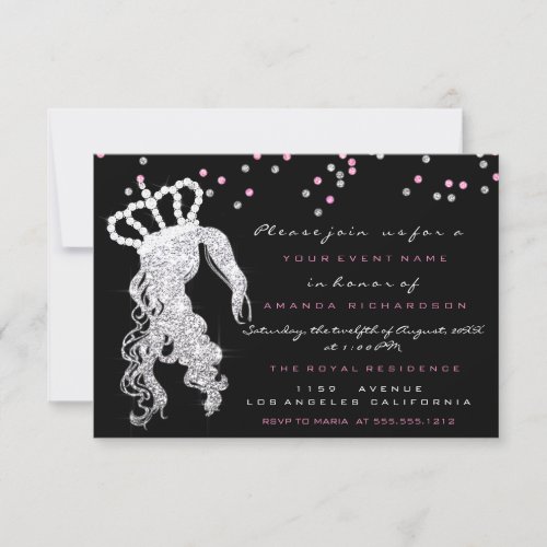 Sweet 16th Crown Princess Confetti Miss Pink Black Invitation