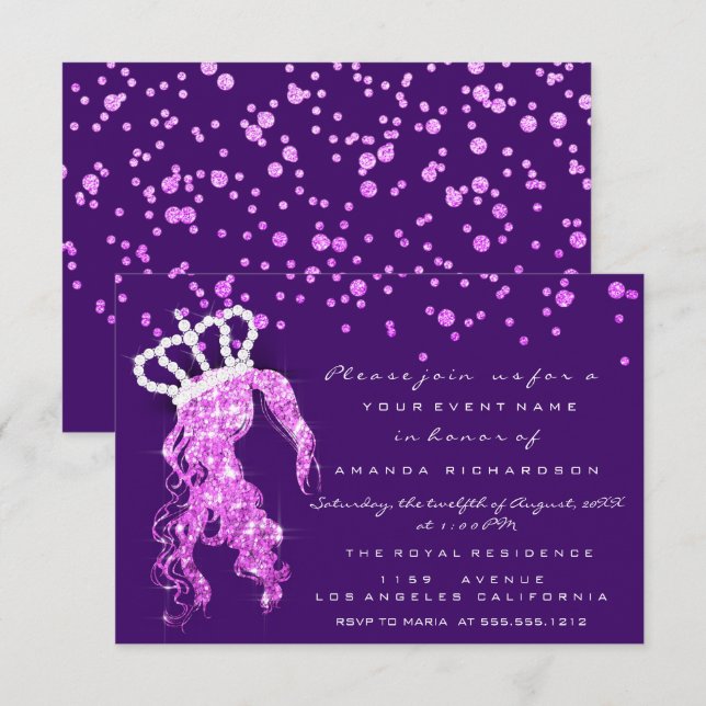 Sweet 16th Crown Princess Confetti Purple Pink Gir Invitation (Front/Back)