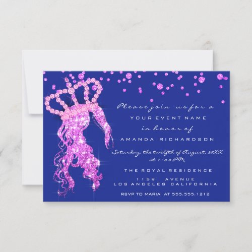 Sweet 16th Crown Princess Confetti Royal Blue Pink Invitation