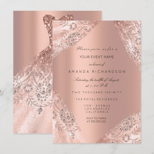 Sweet 16th Dress Spark Rose Gold Peach Diamond Invitation (Front/Back)