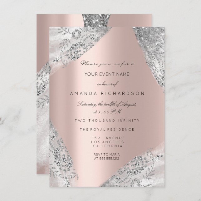 Sweet 16th Dress Spark Rose Silver Pink Diamond Invitation (Front/Back)
